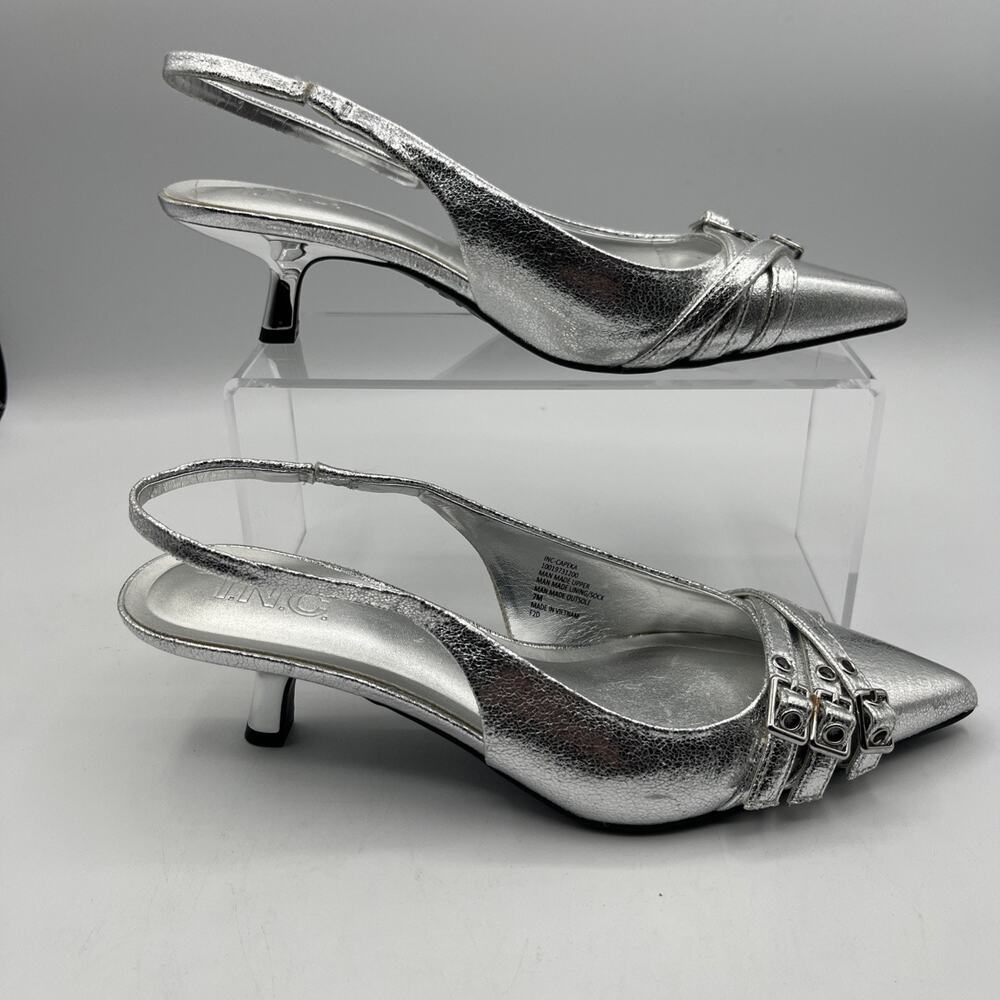 INC Womens Capeka Slingback Pumps Silver Triple Strap, Kitten Heel, NIB- READ